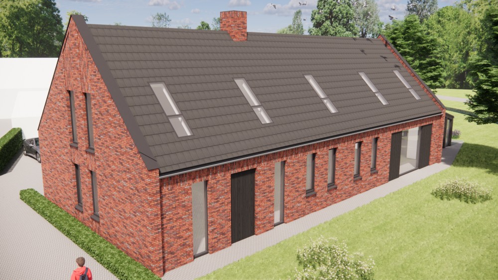 3D Render van vrijstaande moderne woning in rood metselwerk met zadeldak in vlakke dakpannen en houtaccenten 5