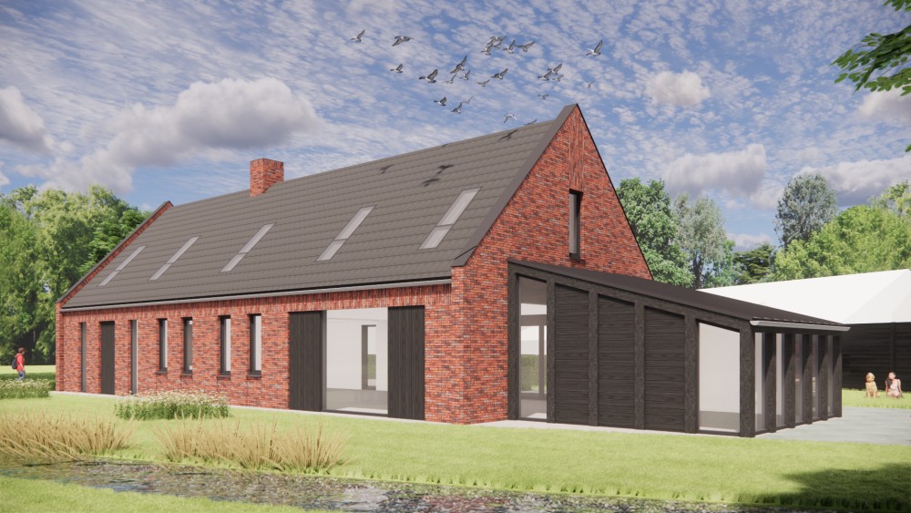 Afbeelding van Vrijstaande moderne woning in rood metselwerk met zadeldak in vlakke dakpannen en houtaccenten - 2dcdd97b-d875-4856-a286-8035b7316a19