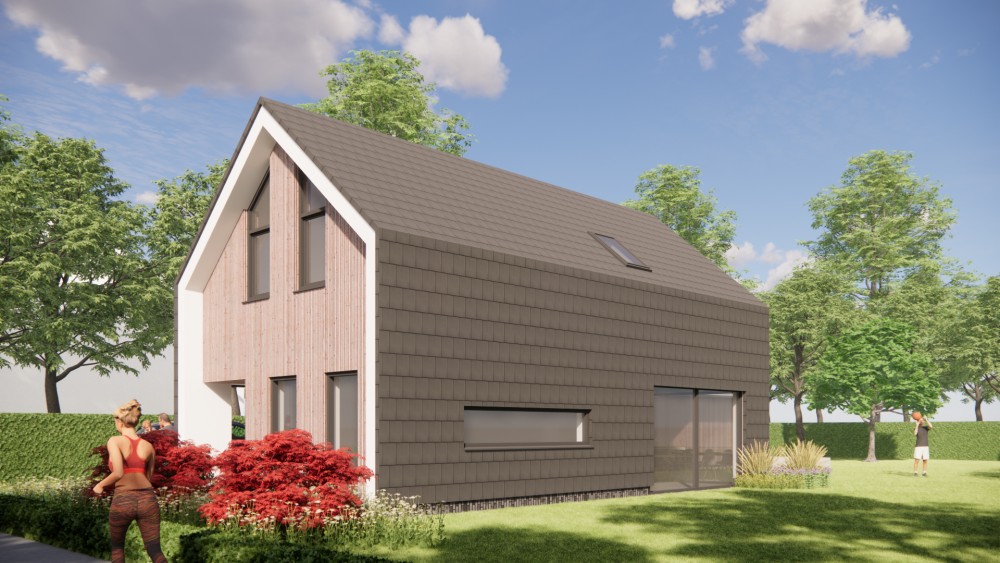 3D Render van eigentijdse schuurwoning met zadeldak bruine houten gevel en vlakke dakpannen 6