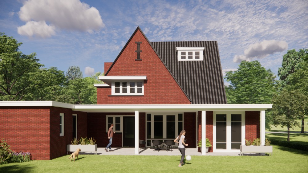 3D Render van vrijstaande jaren 30 woning in metselwerk met zadeldak en gegolfde dakpannen 7