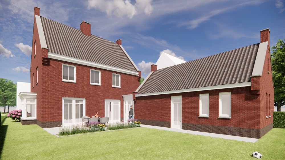 3D Render van vrijstaande jaren 30 woning met metselwerk en zadeldak met gegolfde dakpannen 6