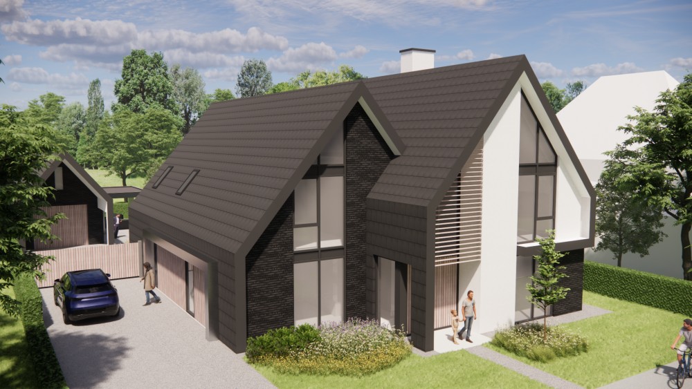 3D Render van eigentijdse villa met metselwerk gevels en zadeldak met vlakke dakpannen 9