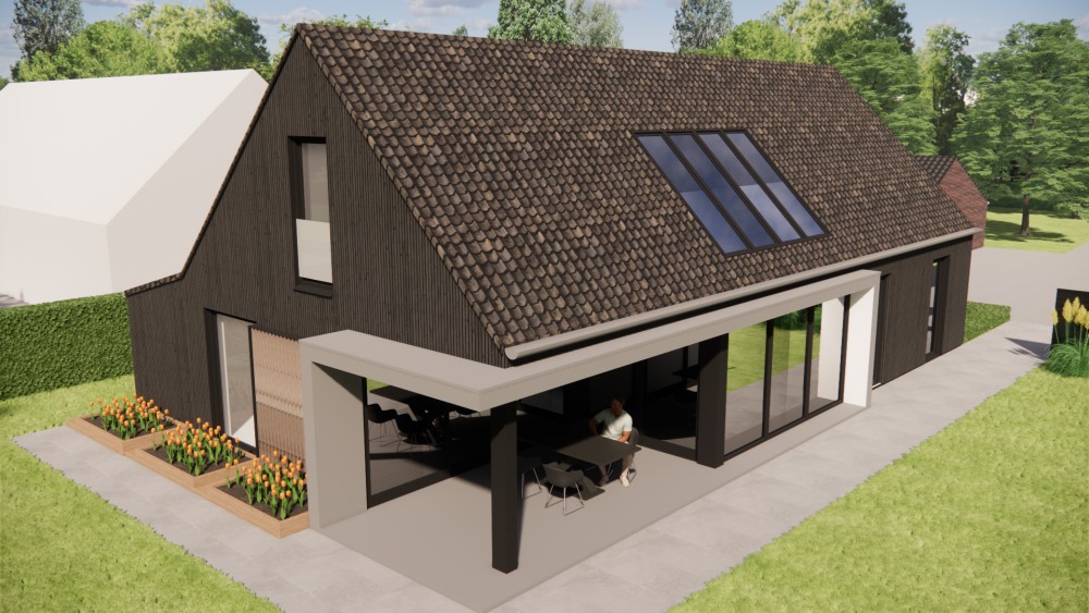 3D Render van schuurwoning met houten gevels en zadeldak met gegolfde dakpannen 9