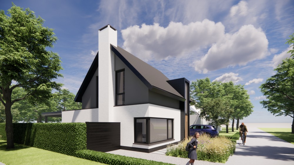 3D Render van vrijstaande moderne woning met wit gekeimd metselwerk, zadeldak met vlakke dakpan en houtaccenten 7