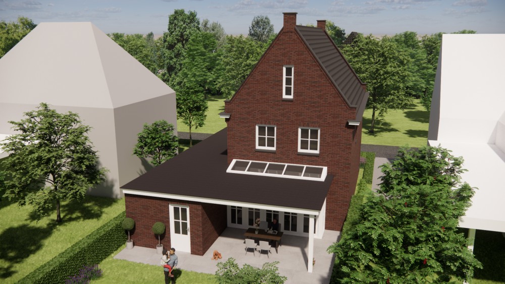 3D Render van vrijstaande jaren 30 woning met metselwerk, erker en zadeldak met gegolfde dakpannen 8