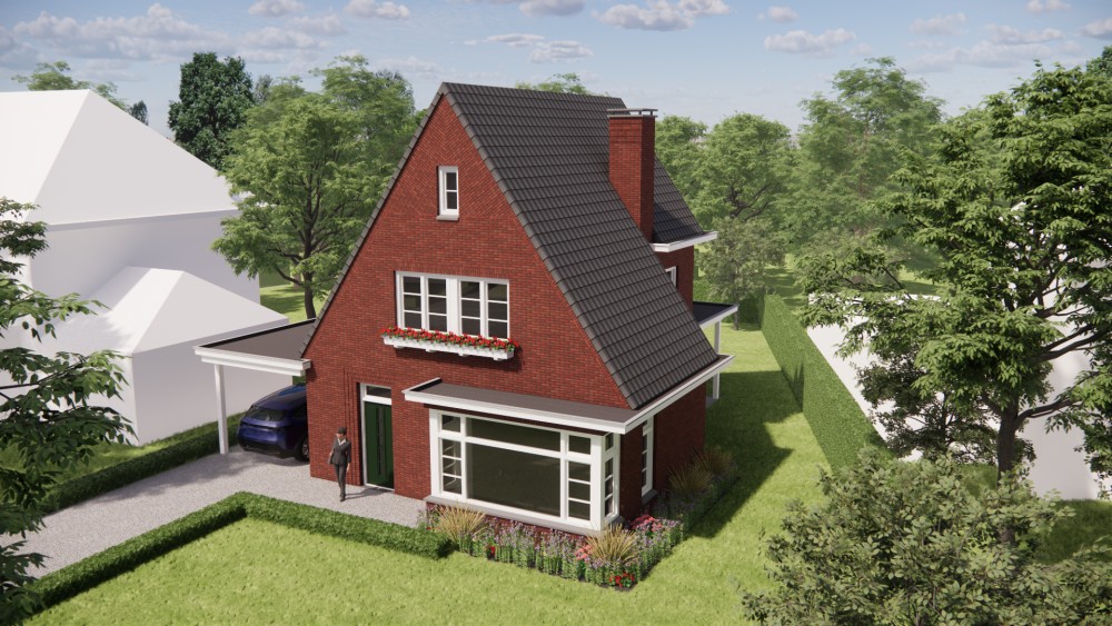 3D Render van vrijstaande woning in jaren 30 stijl met metselwerk gevels en zadeldak met gegolfde dakpannen 8