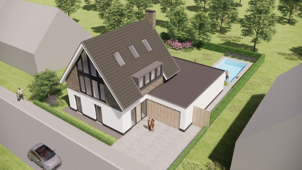 3D Render van woning met wit stucwerk, houten accenten en overstekend zadeldak 7