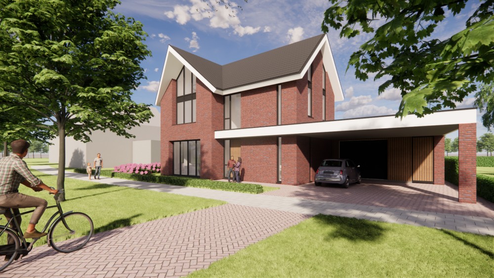 Afbeelding van Strakke baksteenarchitectuur met zadeldak en schuine dak overstek - c07a714d-070b-4ec2-8bd1-0808acb6ce37