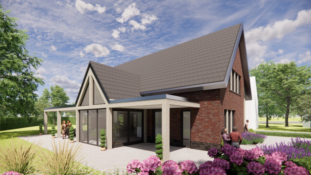 3D Render van moderne vrijstaande woning met metselwerk gevels en zadeldak met vlakke dakpannen 5