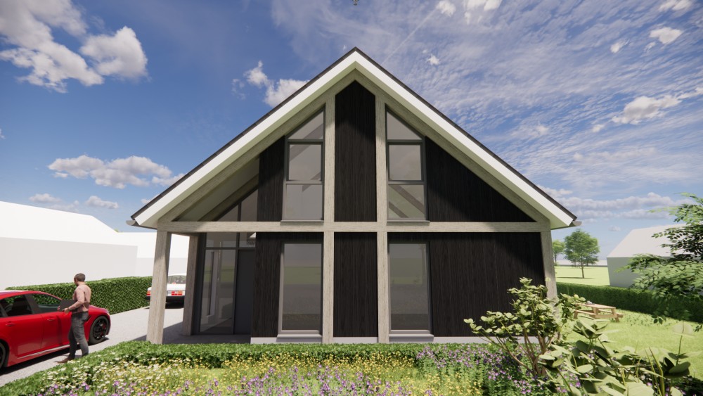 3D Render van vrijstaande schuurwoning met houten gevel, hoekkozijnen en overkapt terras 4