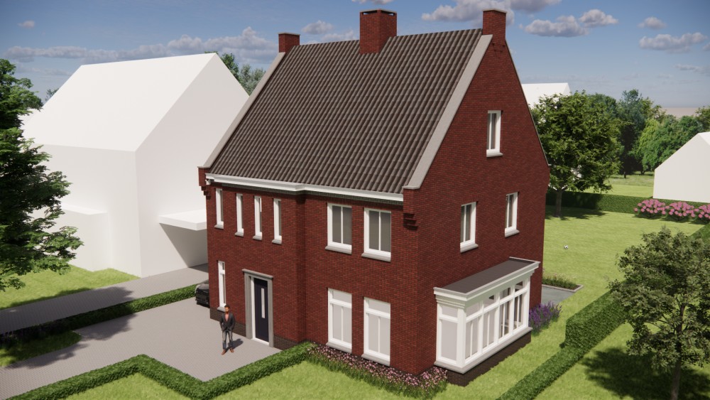 3D Render van vrijstaande jaren 30 woning met metselwerk en zadeldak met gegolfde dakpannen 7