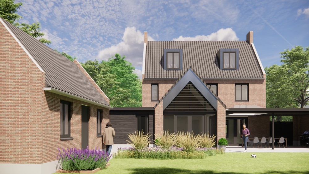 3D Render van kempisch vrijstaand woonhuis met metselwerk gevels, zadeldak en gegolfde dakpannen 5