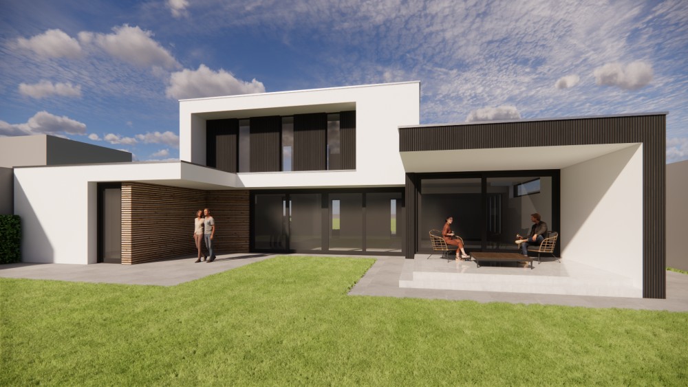 Afbeelding van Witgepleisterde kubuswoning met royale overstekken en geïntegreerde carport - df8de45f-e85d-415a-94f7-3ef52e1a95f9