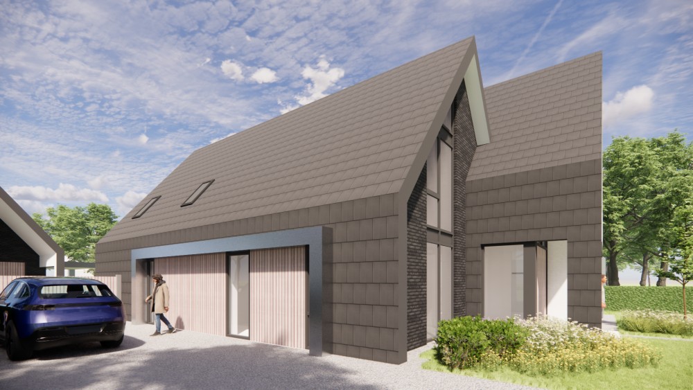 3D Render van eigentijdse villa met metselwerk gevels en zadeldak met vlakke dakpannen 6