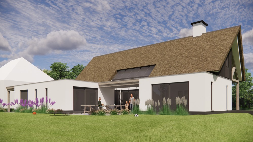 Afbeelding van Moderne vrijstaande woning met rieten zadeldak witte pleistergevel en houtaccenten - 700535c5-23ff-42ed-a736-87e5ef86d7f4