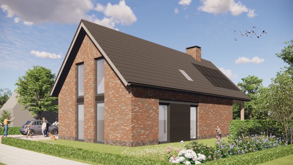 3D Render van landelijke schuurwoning met metselwerk en houten accenten 4