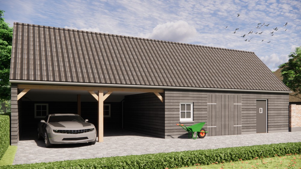 3D Render van vrijstaande schuurwoning met schilddak in metselwerk en hout 10