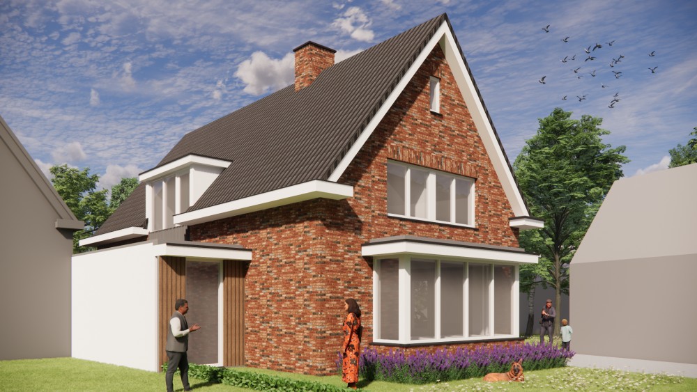 3D Render van traditionele jaren 30 woning met metselwerk gevel, dakkapel en zadeldak met dakoverstek 5