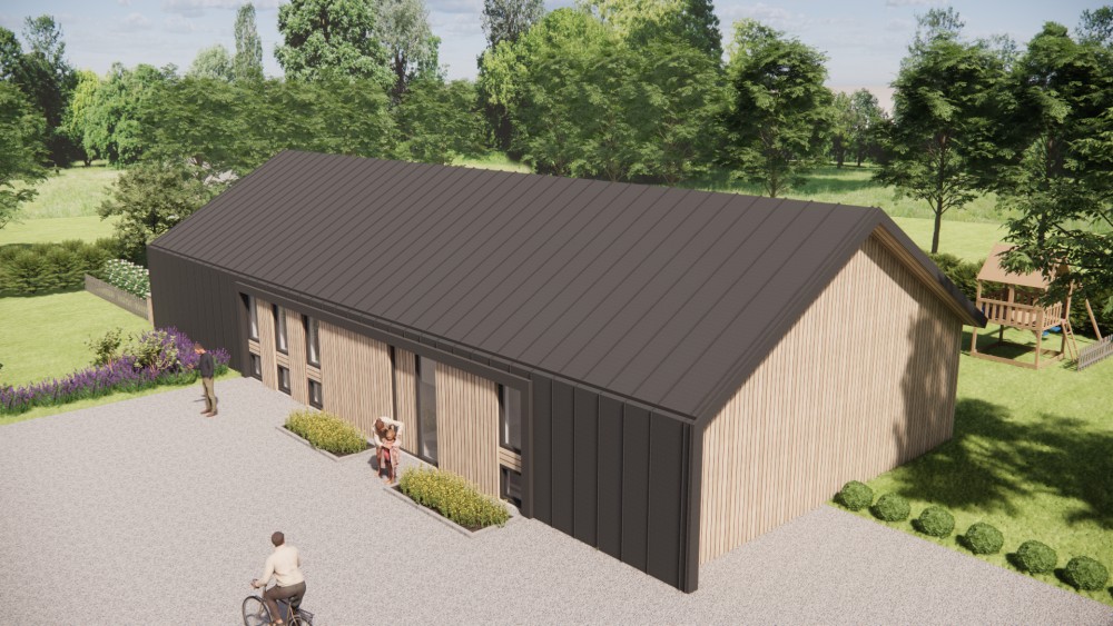 3D Render van moderne schuurwoning met houten gevel felsplaat zadeldak en overstekken 4