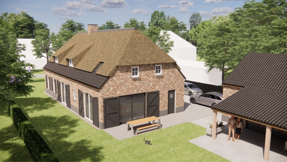 3D Render van vrijstaande landelijke woning met rieten wolfsdak en bruine metselwerkgevel 10