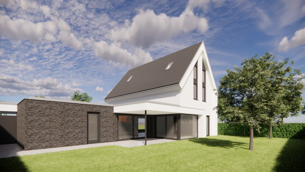 Afbeelding van Witgepleisterde moderne woning met vlakke dakpannen en royale dakoverstekken - 320dc6f6-3b98-47cc-b1a6-2901bcad00aa