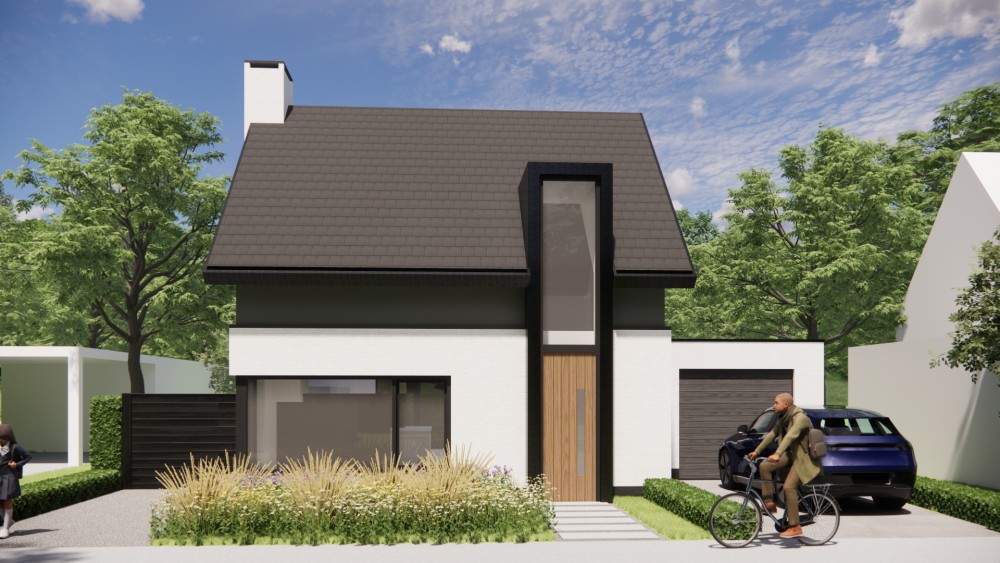 3D Render van vrijstaande moderne woning met wit gekeimd metselwerk, zadeldak met vlakke dakpan en houtaccenten 6