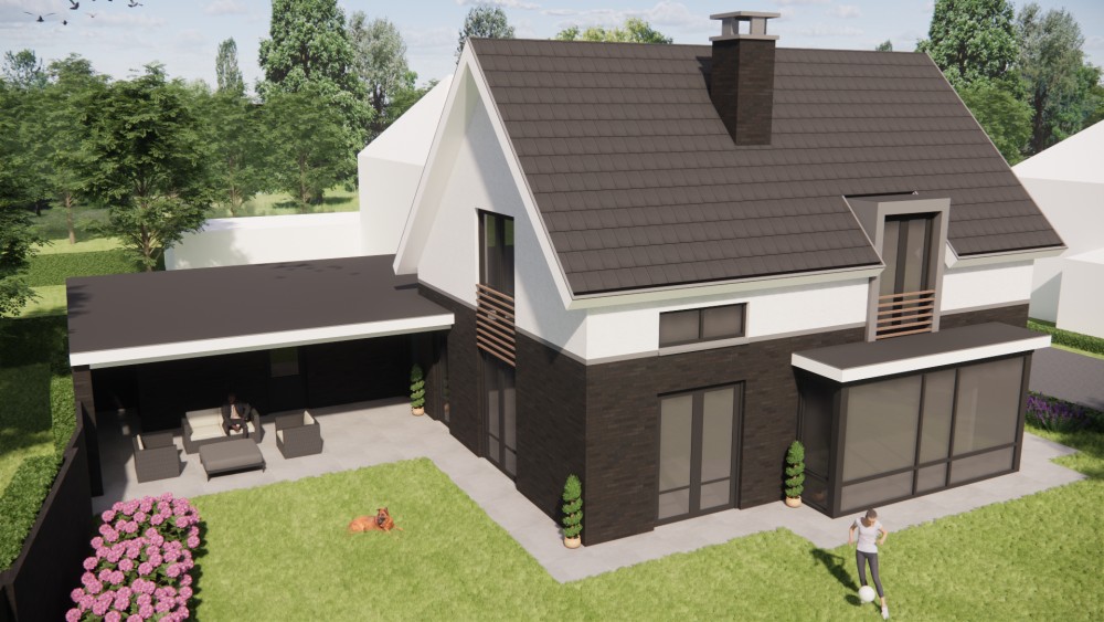 3D Render van vrijstaande eigentijdse woning met metselwerkgevel en zadeldak met vlakke dakpannen 7