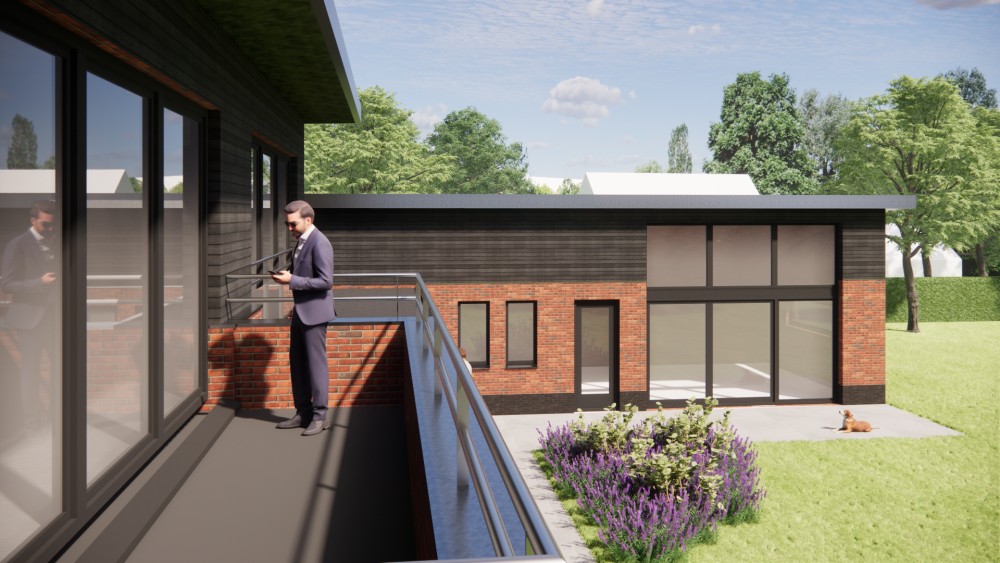 3D Render van eigentijdse vrijstaande woning met gebogen groendak, metselwerkgevels en houten accenten 10