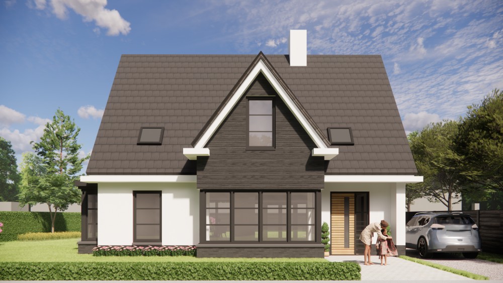 3D Render van eigentijdse vrijstaande woning met wit gekeimd metselwerk en zadeldak met gegolfde dakpannen 6