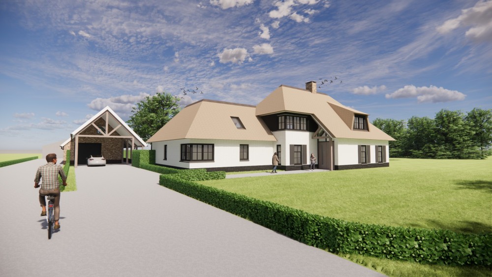 Afbeelding van Landelijke villa met rieten schilddak, houten luiken en wit pleisterwerk - 15aedf17-1f58-437f-b78c-51e36614e369