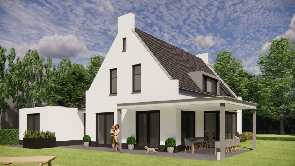 3D Render van vrijstaande moderne woning met pleisterwerk en zadeldak met gegolfde dakpannen 4