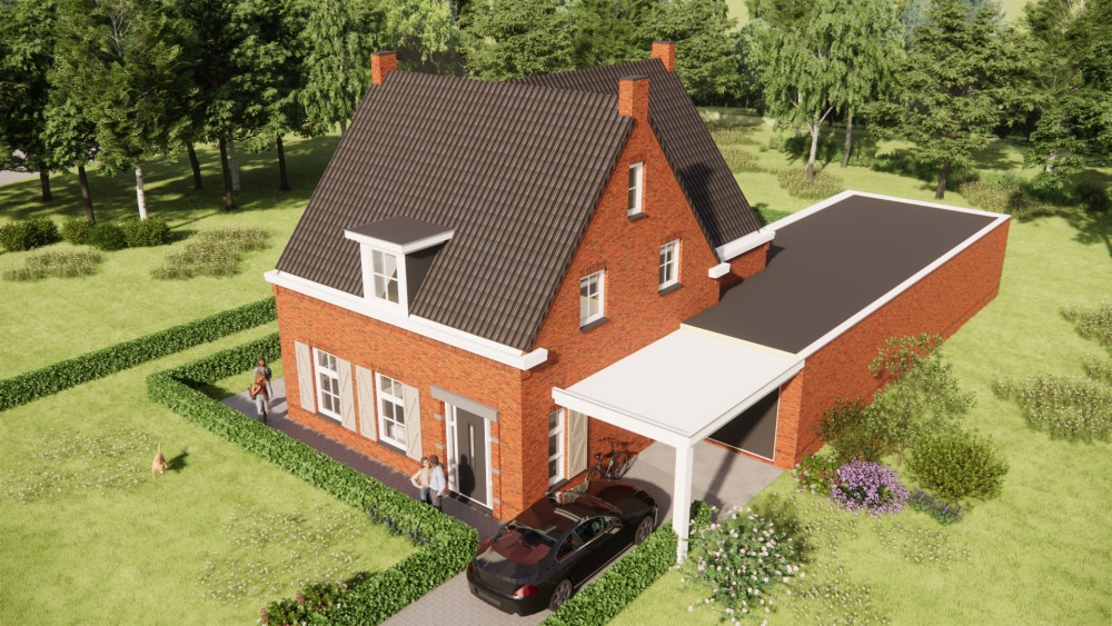 3D Render van traditionele jaren 30-notariswoning met metselwerk, luiken en zadeldak 6