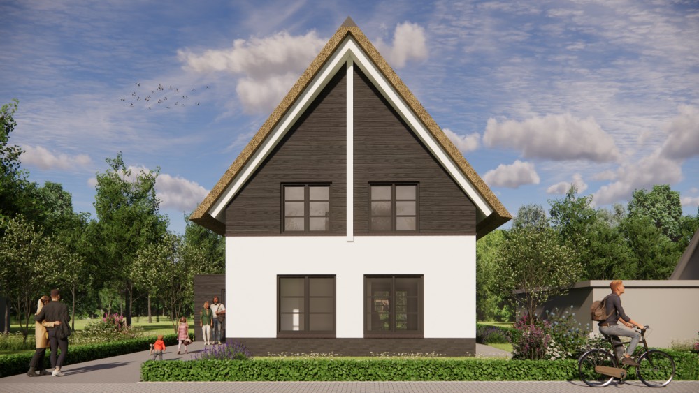 Afbeelding van Rietgedekt landhuis met wit pleisterwerk en houten accenten - 1ee08922-5d19-49ba-820d-d1f67b1f66e2