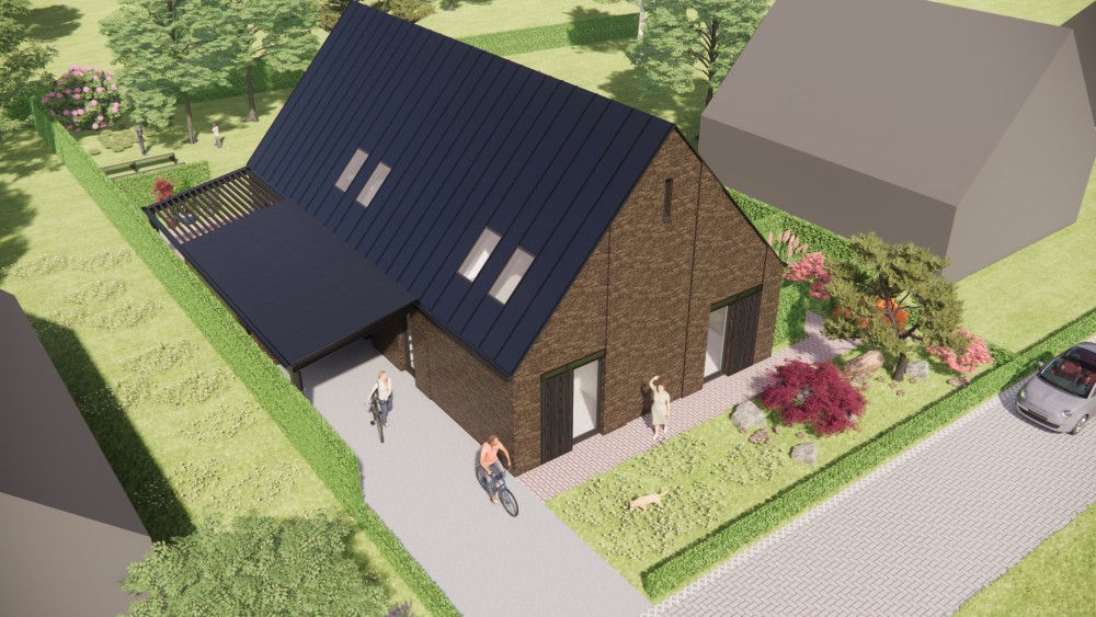 3D Render van schuurwoning met stalen spant, metselwerk gevel en felsplaten zadeldak 8