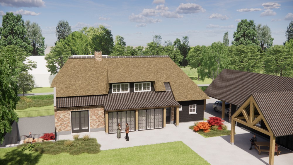 3D Render van landelijke boerderijwoning met rieten wolfsdak en metselwerk met houten accenten 8