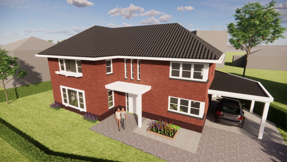 3D Render van vrijstaand jaren 30 huis met metselwerkgevels en schilddak met gegolfde dakpannen 6