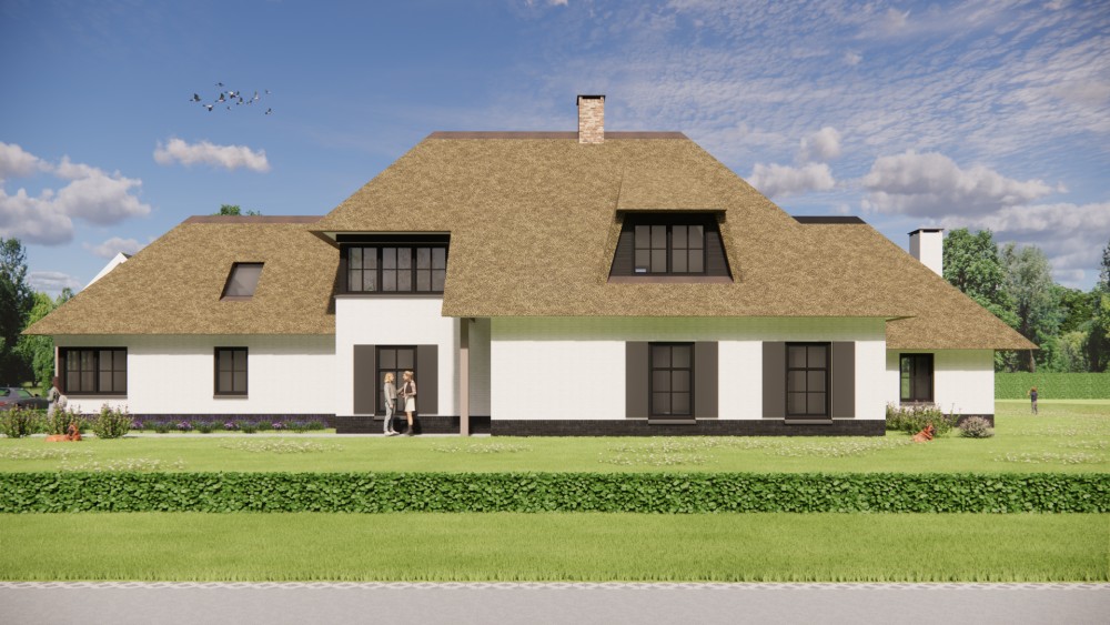 3D Render van landelijke villa met rieten schilddak, houten luiken en wit pleisterwerk 6