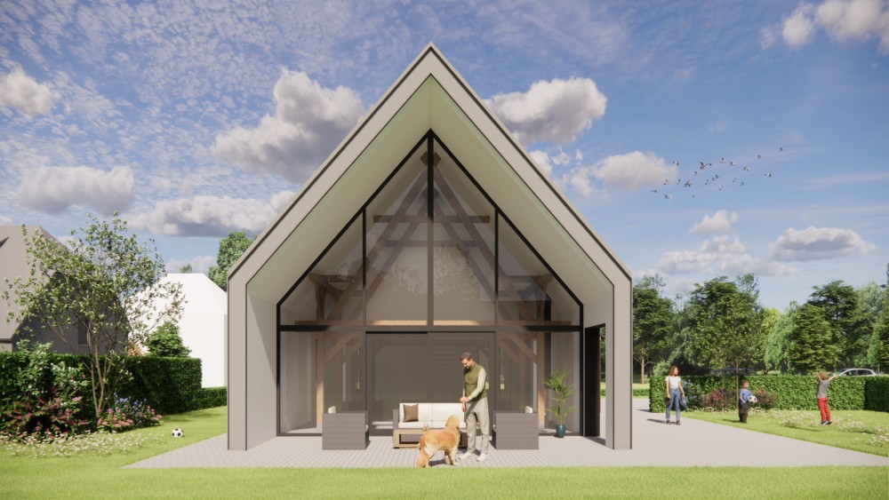 3D Render van moderne schuurwoning met metalen en metselwerk gevel 5