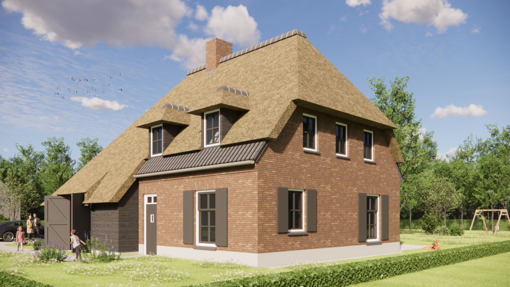 Afbeelding van Vrijstaand landelijk huis met metselwerk gevels en wolfsdak in riet en gegolfde pannen - 1500044d-a52e-4225-b348-1803a83b1f78