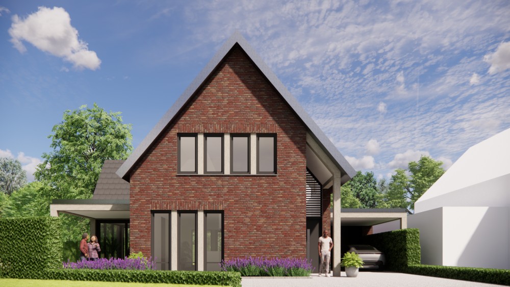 3D Render van moderne vrijstaande woning met metselwerk gevels en zadeldak met vlakke dakpannen 5