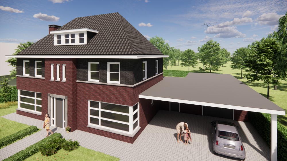 3D Render van vrijstaande jaren 30 notariswoning met metselwerk gevel en schilddak met gegolfde dakpannen 13