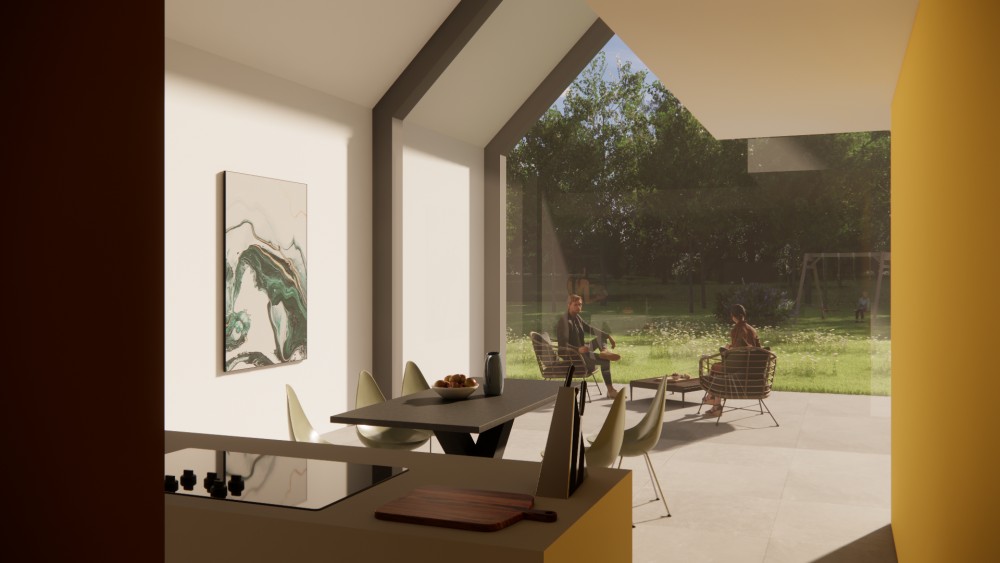 Afbeelding van Moderne woning met golfplaat: zadeldak en overstek op een ruim perceel - 084c11a9-56eb-4ecd-a126-8bbaf5d847e5