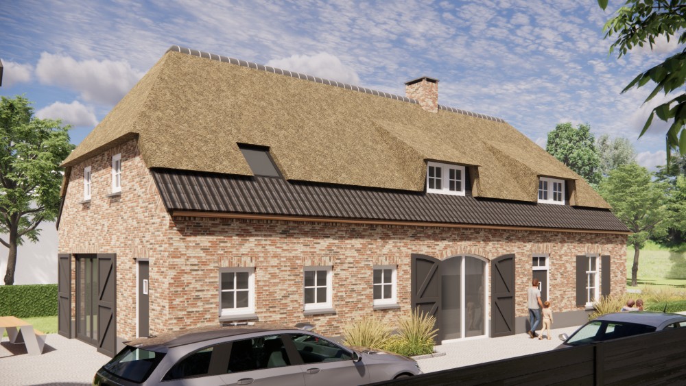 3D Render van vrijstaande landelijke woning met rieten wolfsdak en bruine metselwerkgevel 8