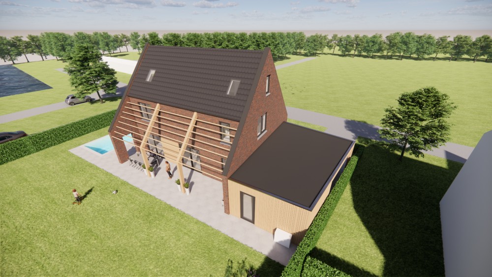3D Render van vrijstaande moderne woning in rood metselwerk met zadeldak van vlakke dakpannen en houten accenten 7