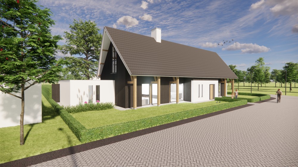 Afbeelding van Moderne schuurwoning met strak pleisterwerk en houten accenten - f693cd34-3170-41b2-9827-167ded287a47