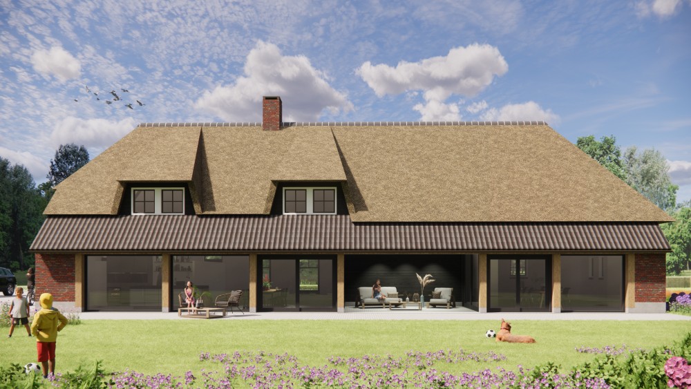 3D Render van traditionele boerderijwoning met rieten wolfsdak en gevel van hout en metselwerk 7
