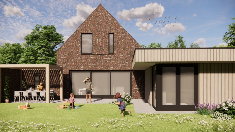 3D Render van moderne woning met metselwerk gevels, hoekkozijnen en houten accenten 5