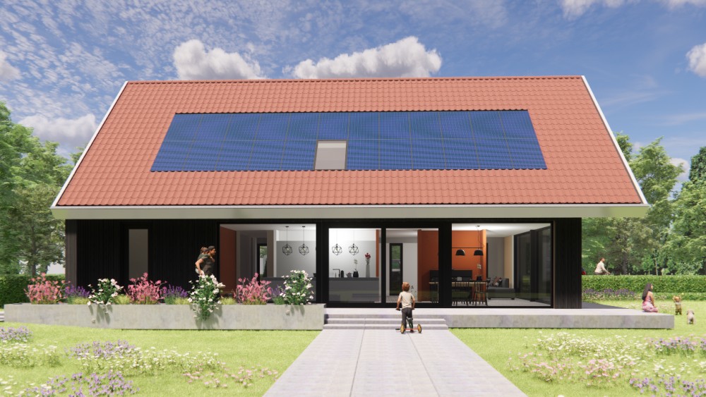 3D Render van schuurwoning met houten gevels, zadeldak en rode gegolfde dakpannen 6