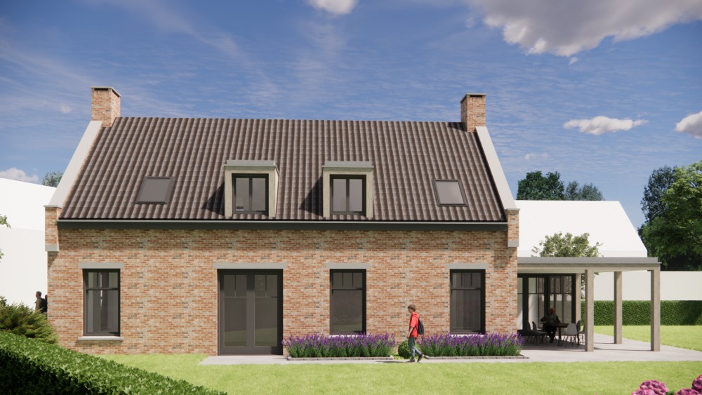 3D Render van vrijstaande Kempische woning in metselwerk met zadeldak en gegolfde dakpannen 4