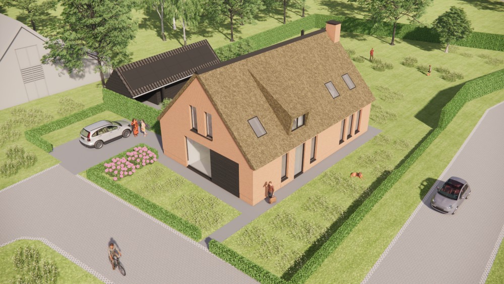3D Render van rietgedekte schuurwoning met bakstenen gevel en houten details 7